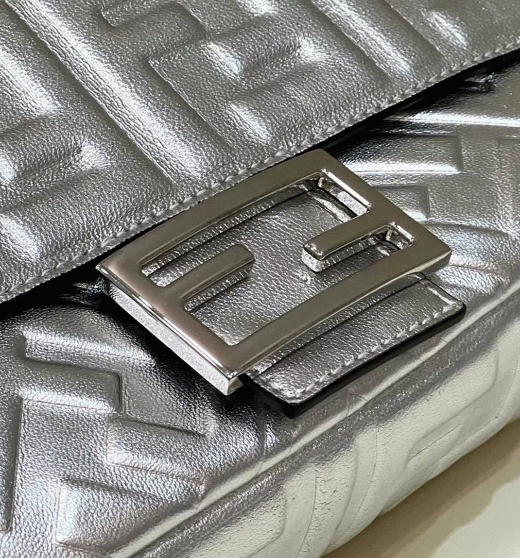 Top Quality Fake F**di Large Baguette Bag In Silver FF Metallic Leather