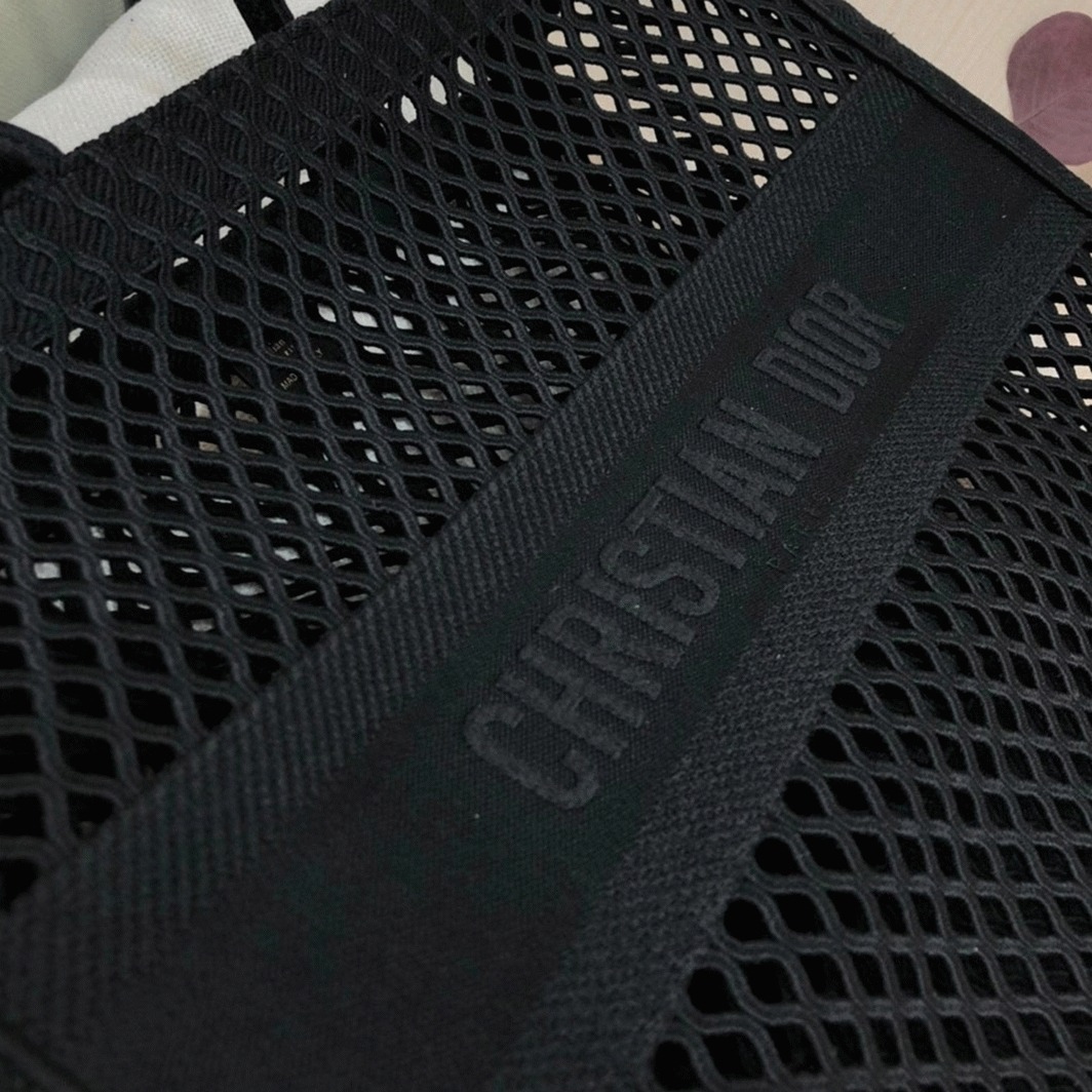 D10r Large Book Tote Bag Knockoff in Black Mesh Embroidery