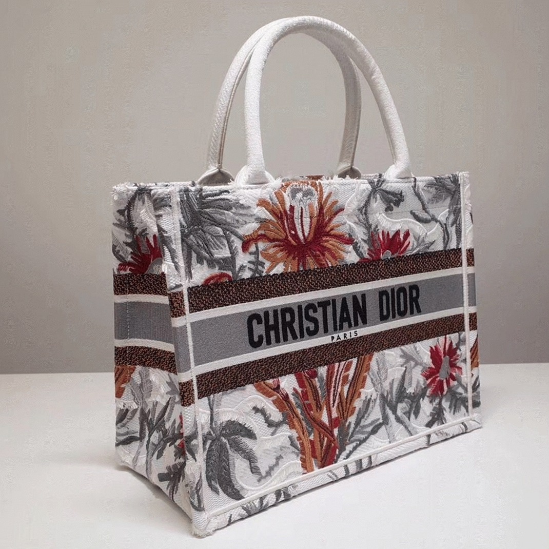D10r Medium Book Tote Fake in White Camouflage with Multicolored