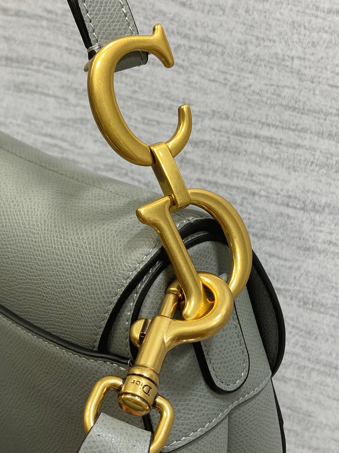 D10r Saddle Bag with Strap Fake in Grey Stone Grained Calfskin