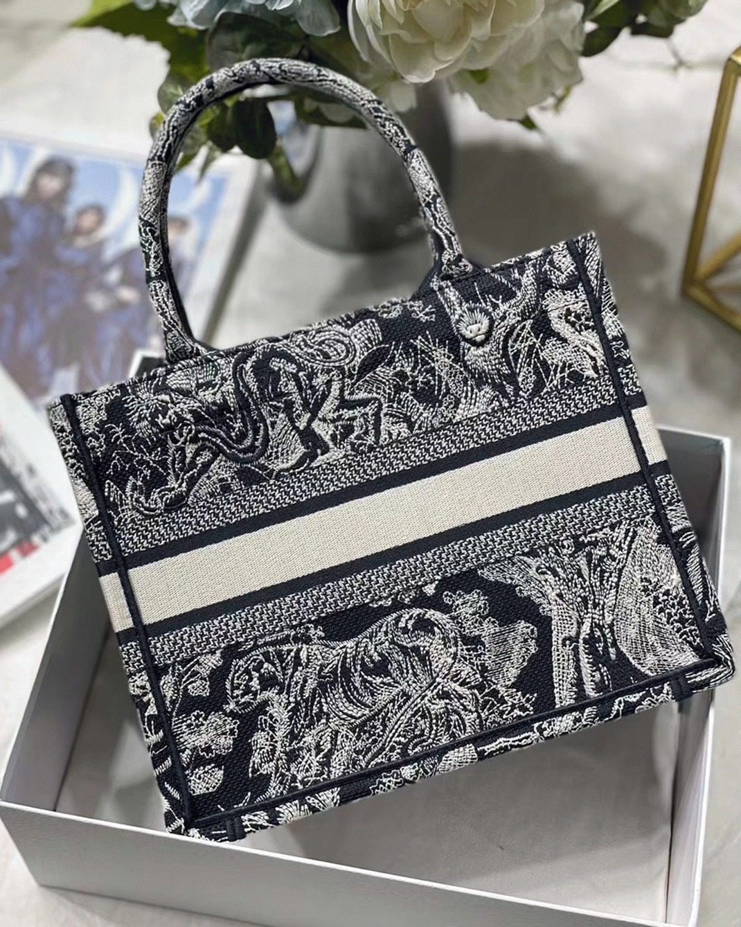 D10r Small Book Tote Bag Knockoff in Blue Toile de Jouy Reverse Embroidery