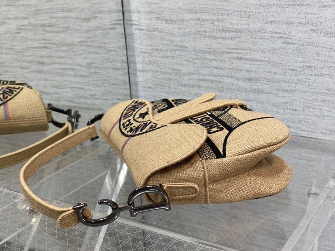D10r Saddle Bag Knockoff in Beige Jute Canvas with D10r Union Motif