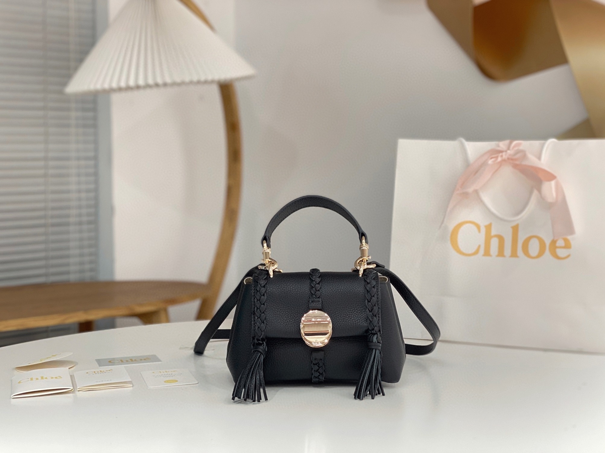 top quality fake Ch10e penelope mini shoulder bag in black grained calfskin