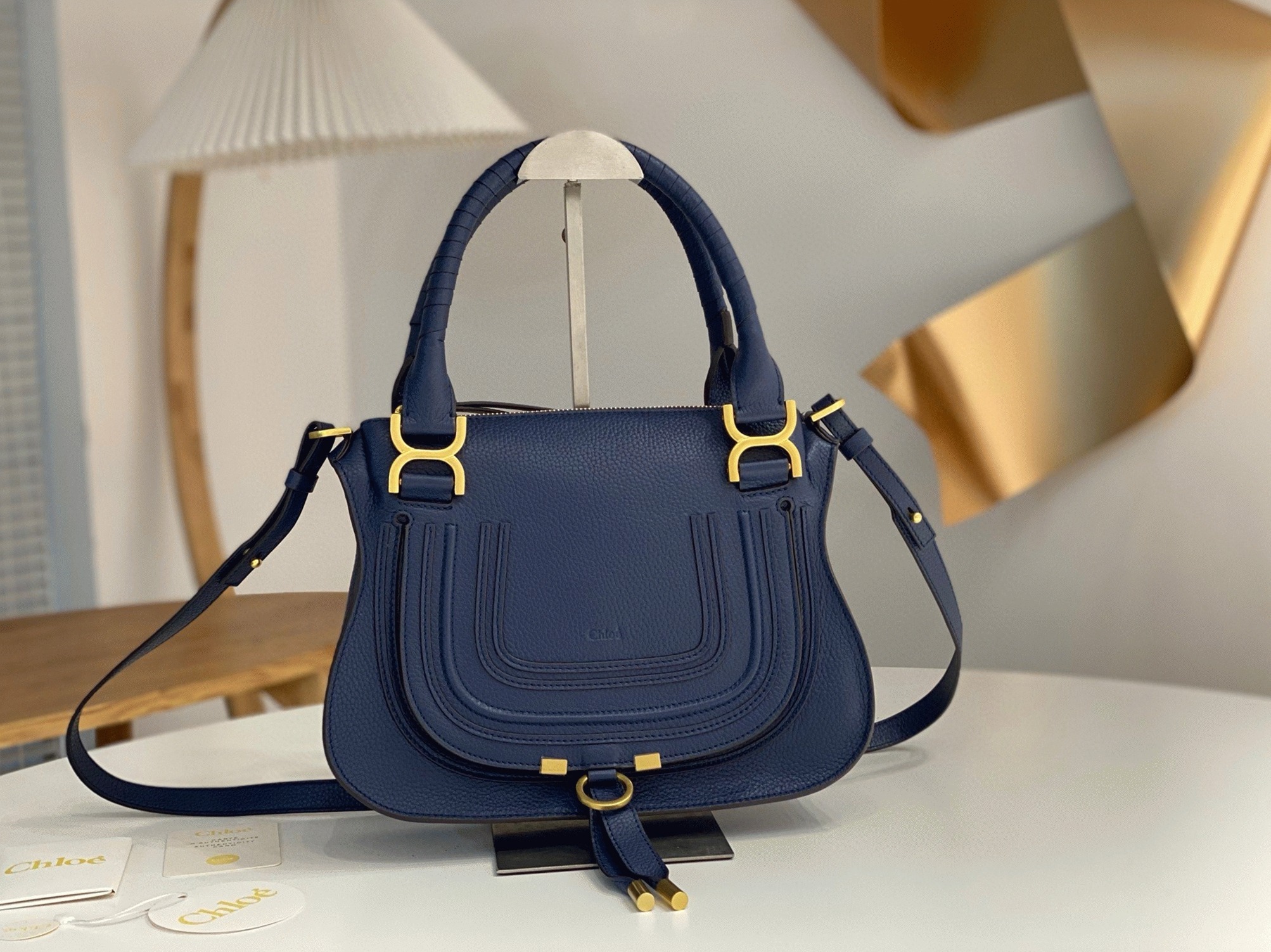 top quality fake Ch10e marcie small double carry bag in blue grained leather