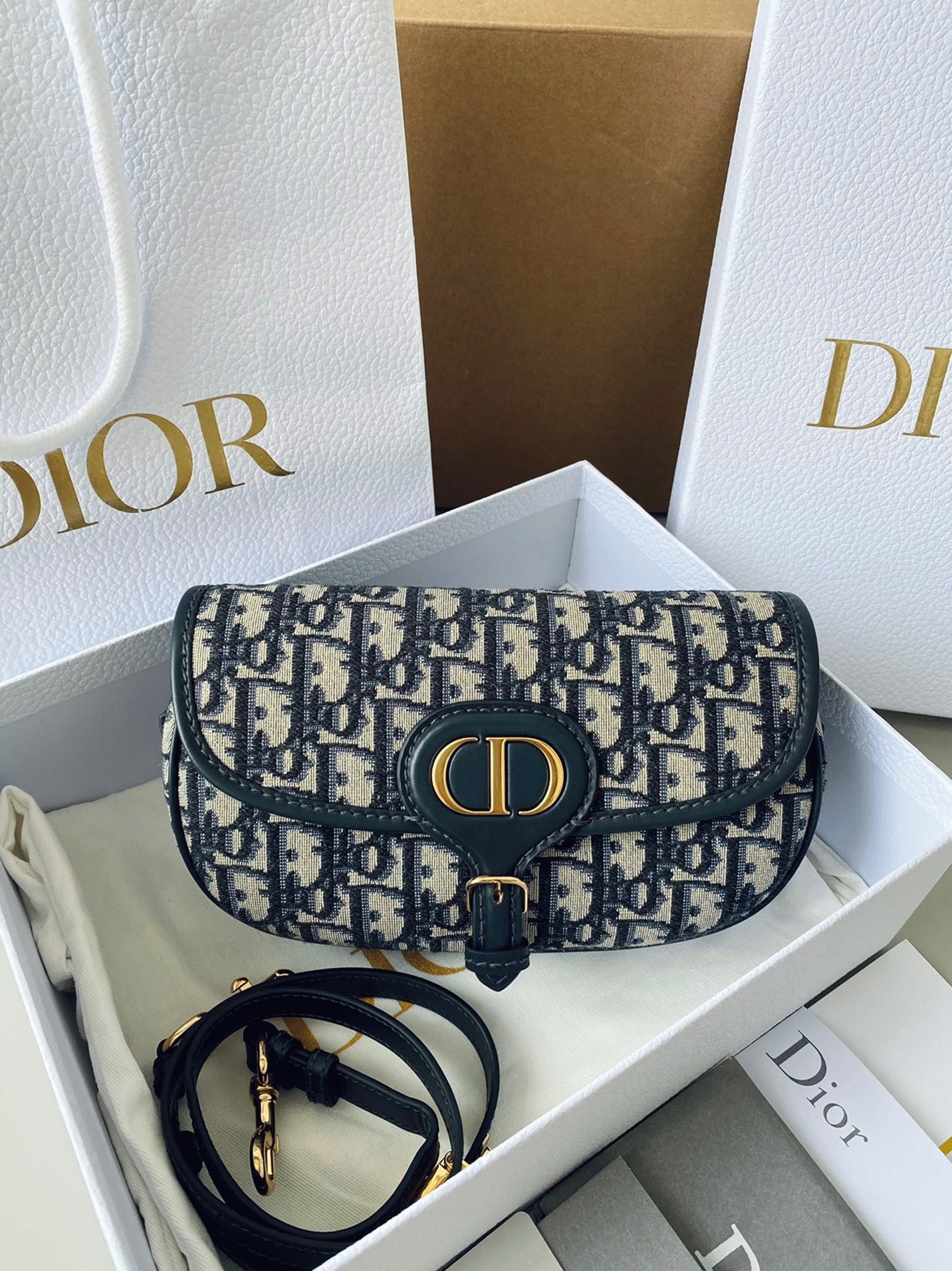 D10r Bobby East-West Bag Knockoff in Blue D10r Oblique Jacquard