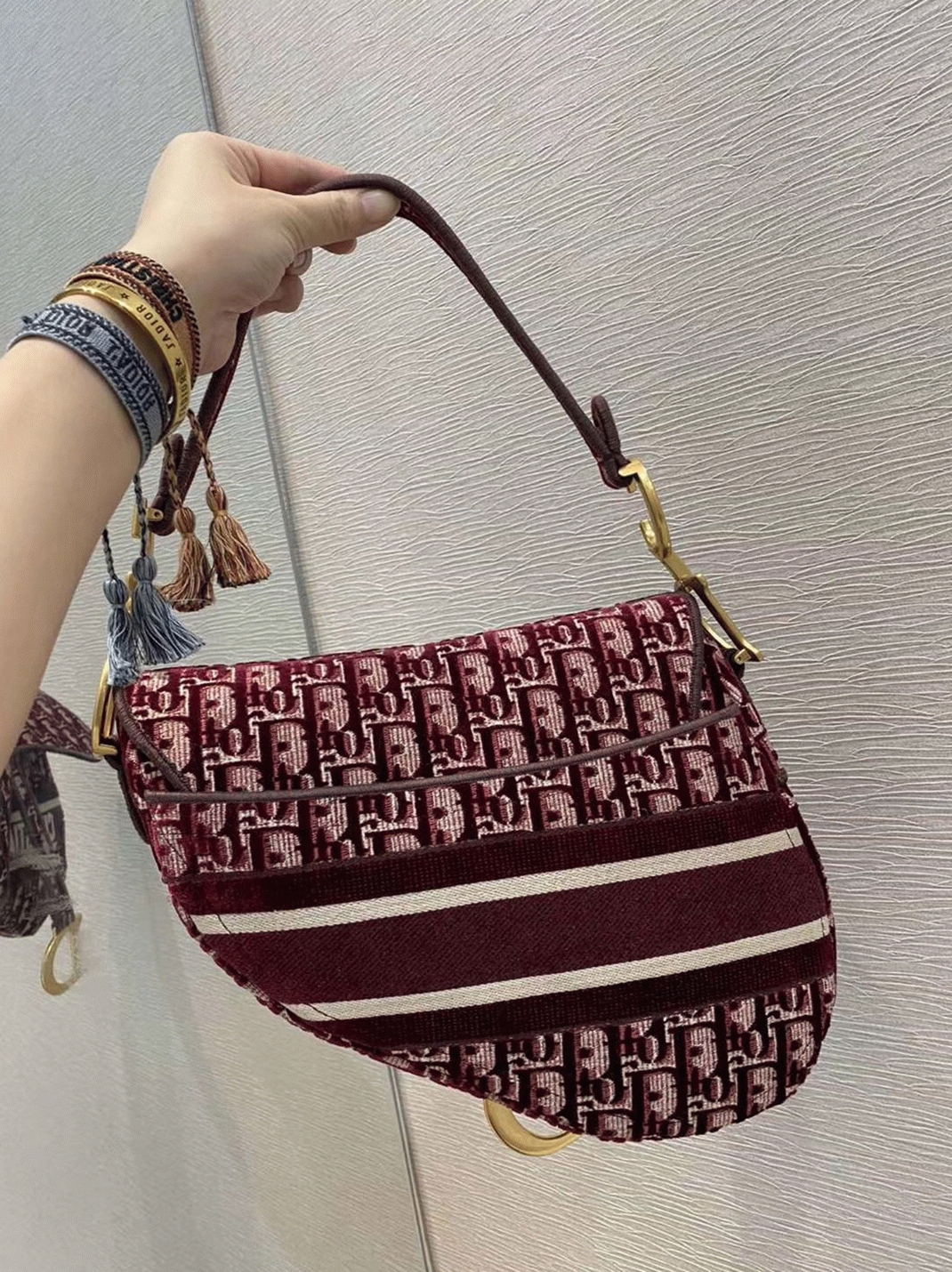 D10r Saddle Bag Faux in Bordeaux Velvet Oblique Embroidered