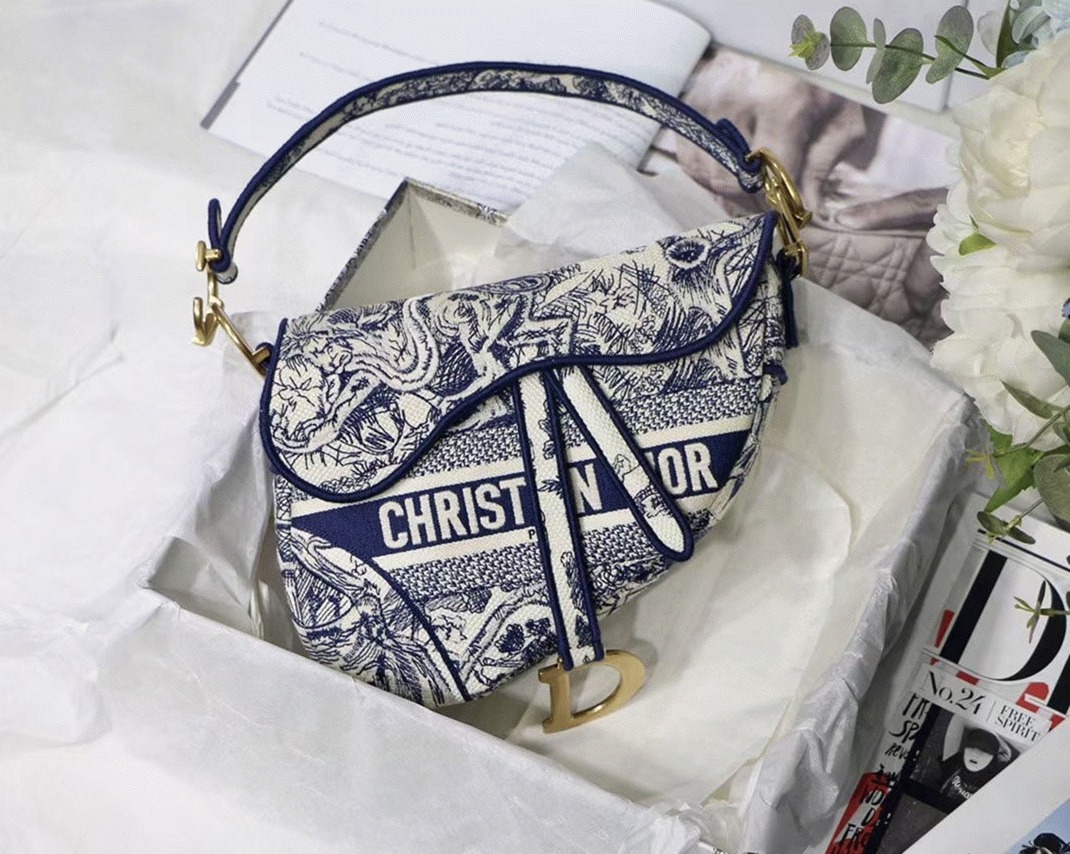 D10r Saddle Bag Replica in Blue Toile de Jouy Embroidery