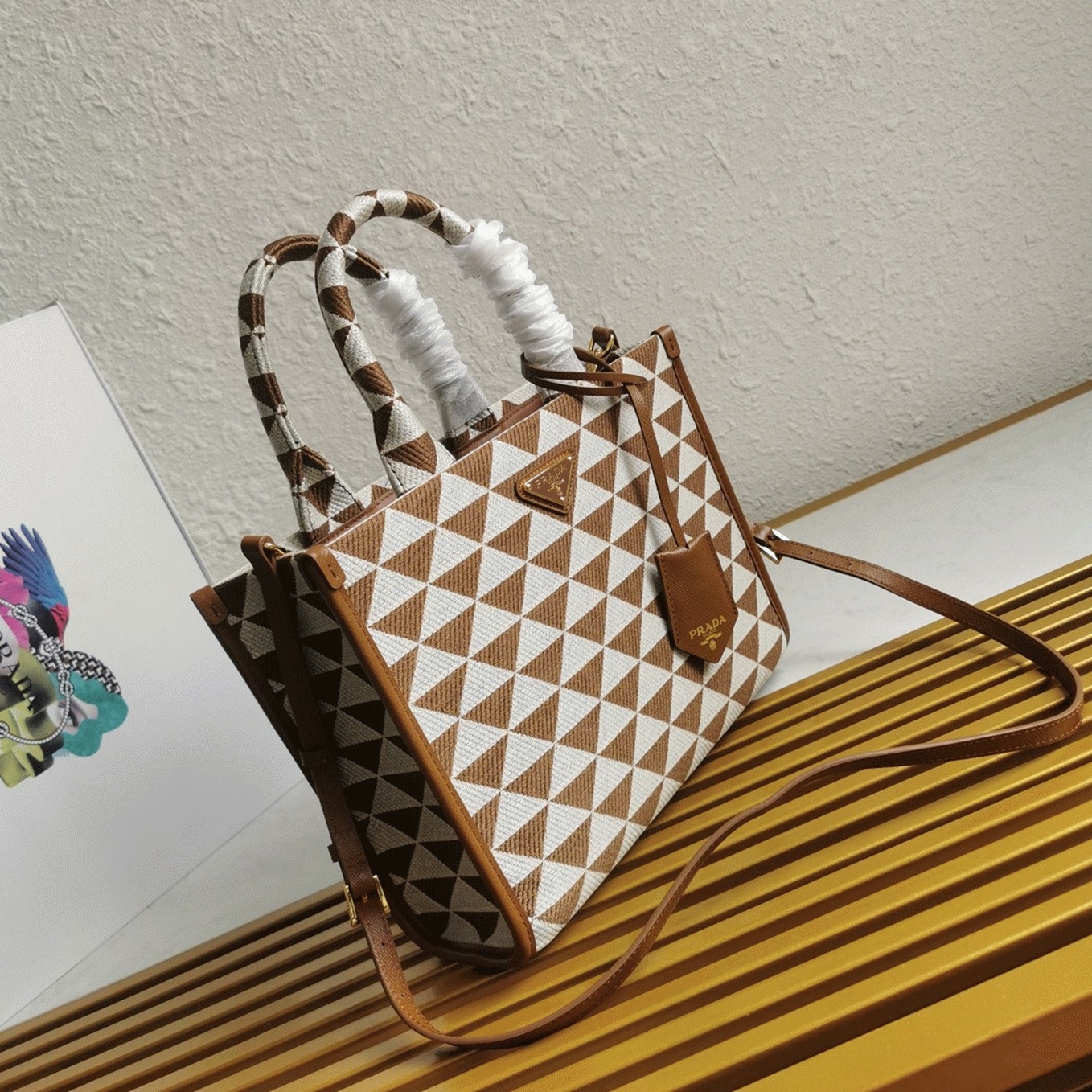 Pra*a Symbole Large Bag Replica in White/Brown Jacquard Fabric