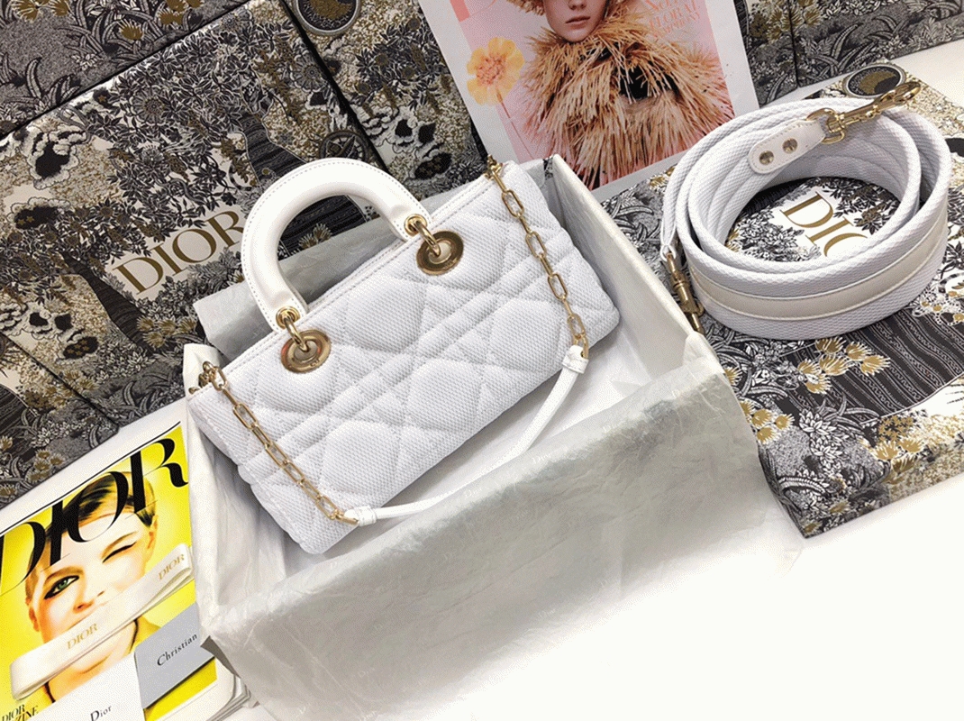 D10r Lady D-Joy Medium Bag Fake in White Macrocannage Technical Fabric