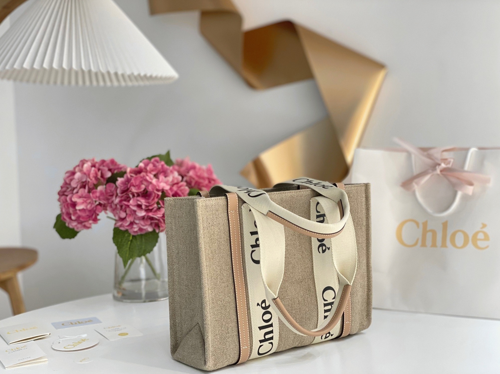 top quality fake Ch10e woody medium tote bag in linen canvas with beige leather