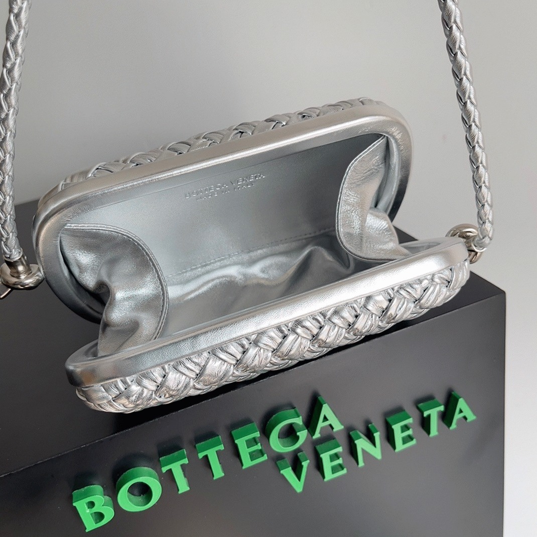 Fake B0tt*ga Ven*ta Knot Minaudiere On Strap Silver Intreccio Laminated Leather