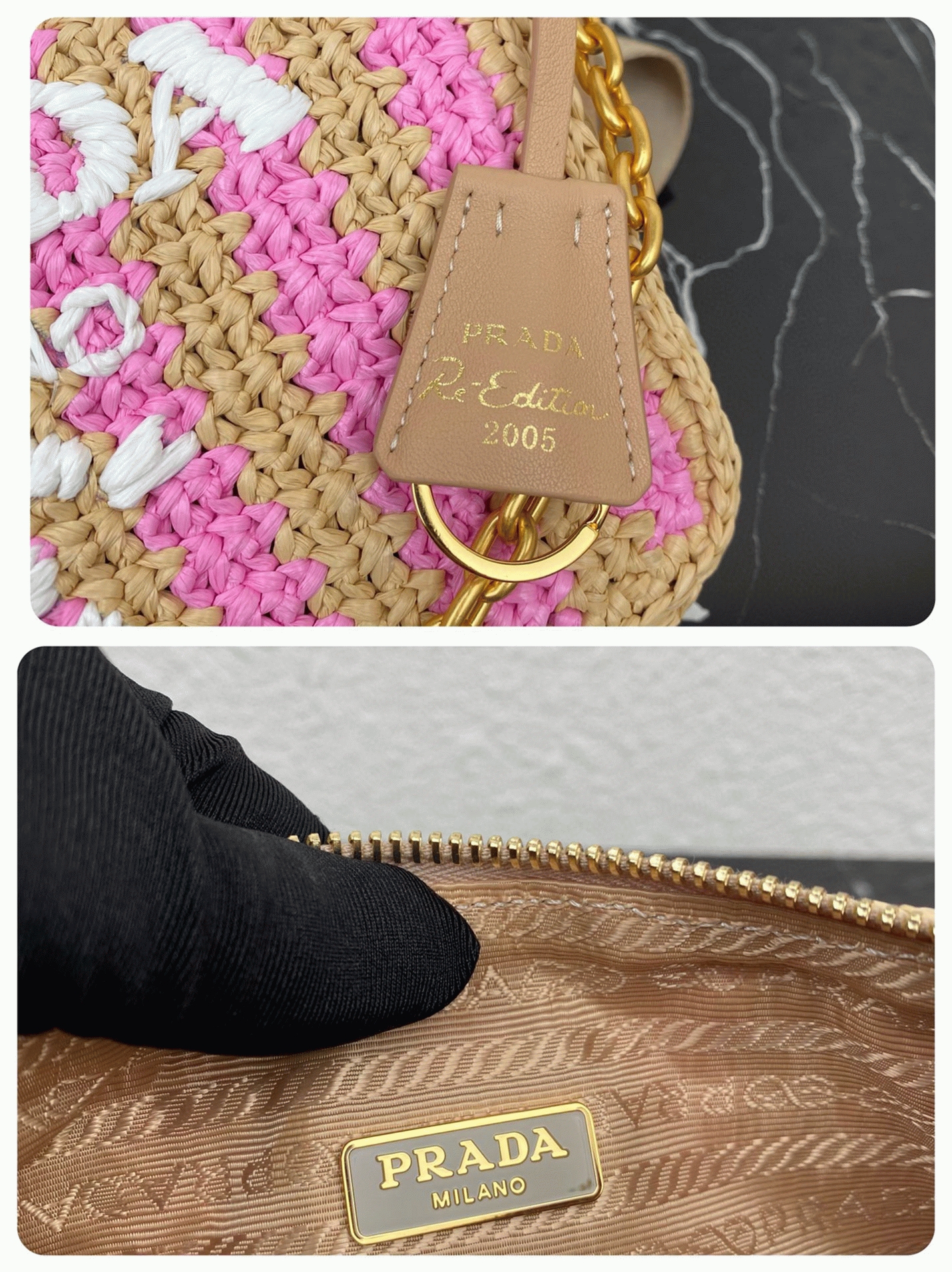 Pra*a Re-Edition Bag Knockoff in Beige and Pink Stripe