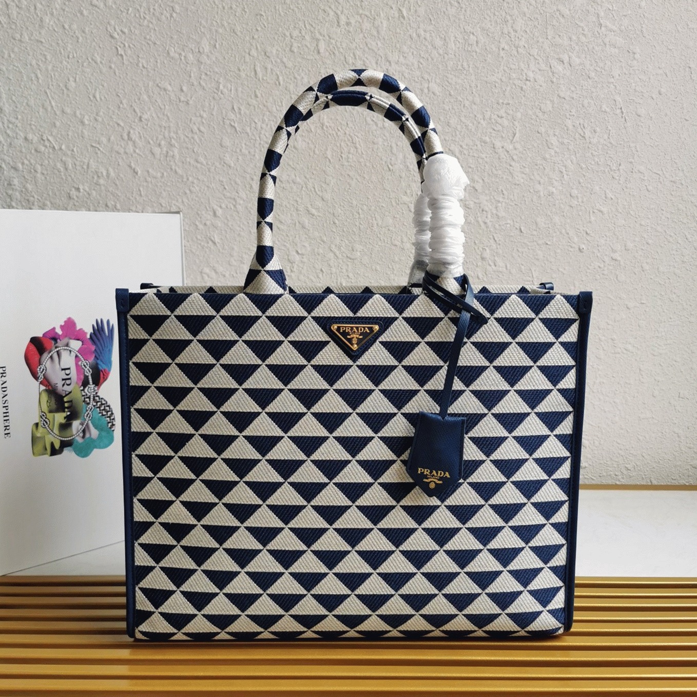 Pra*a Symbole Large Bag Fake in White/Blue Jacquard Fabric