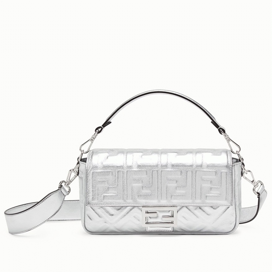 Top Quality Fake F**di Large Baguette Bag In Silver FF Metallic Leather