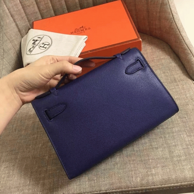 Sapphire Epsom Top Fake H**me5 Kelly Pochette Deep Blue Clutch