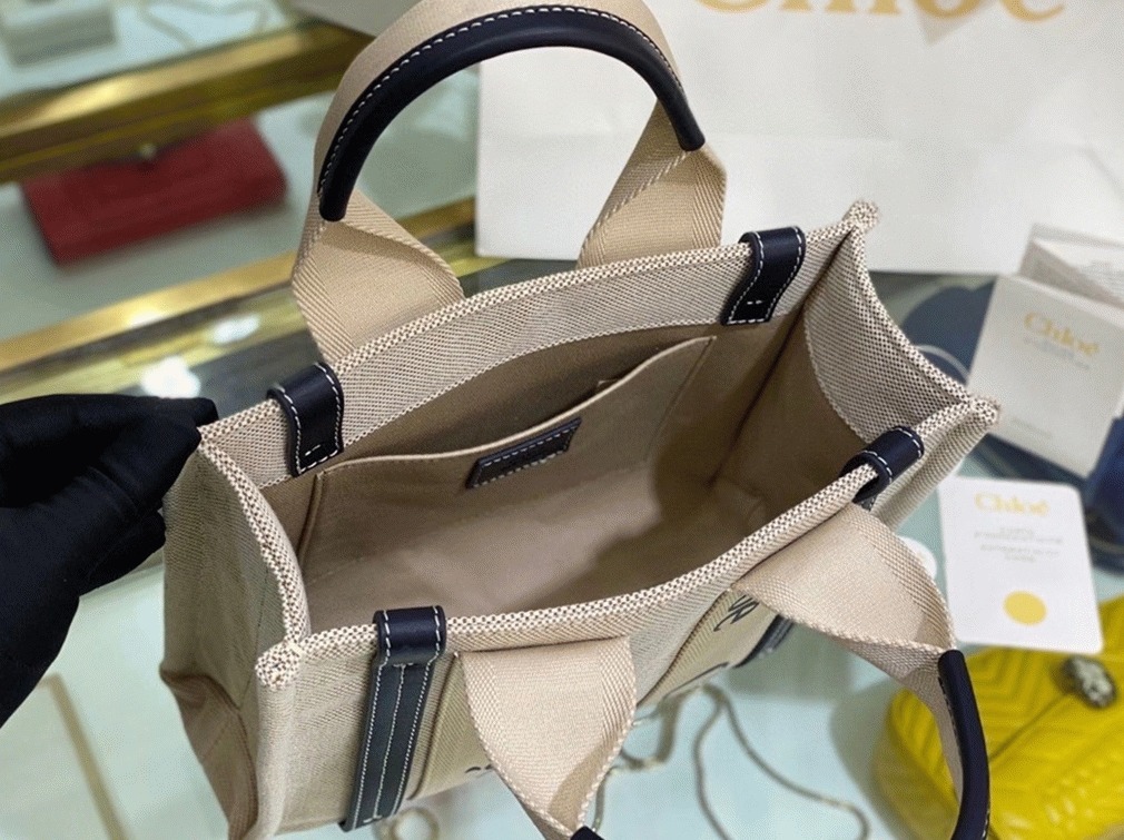 top quality fake Ch10e small woody tote bag in canvas with blue leather strips