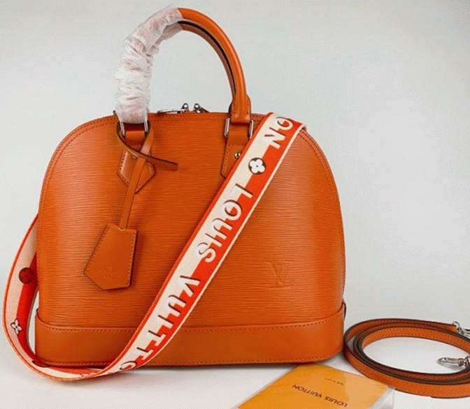 L0vis Vvtt0n Epi Leather Alma PM Handbag In Orange With Jacquard Strap