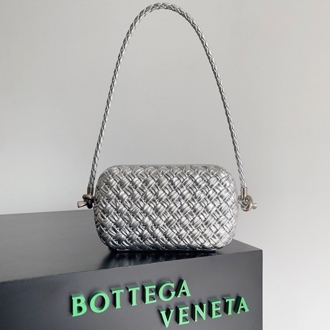 Fake B0tt*ga Ven*ta Knot Minaudiere On Strap Silver Intreccio Laminated Leather