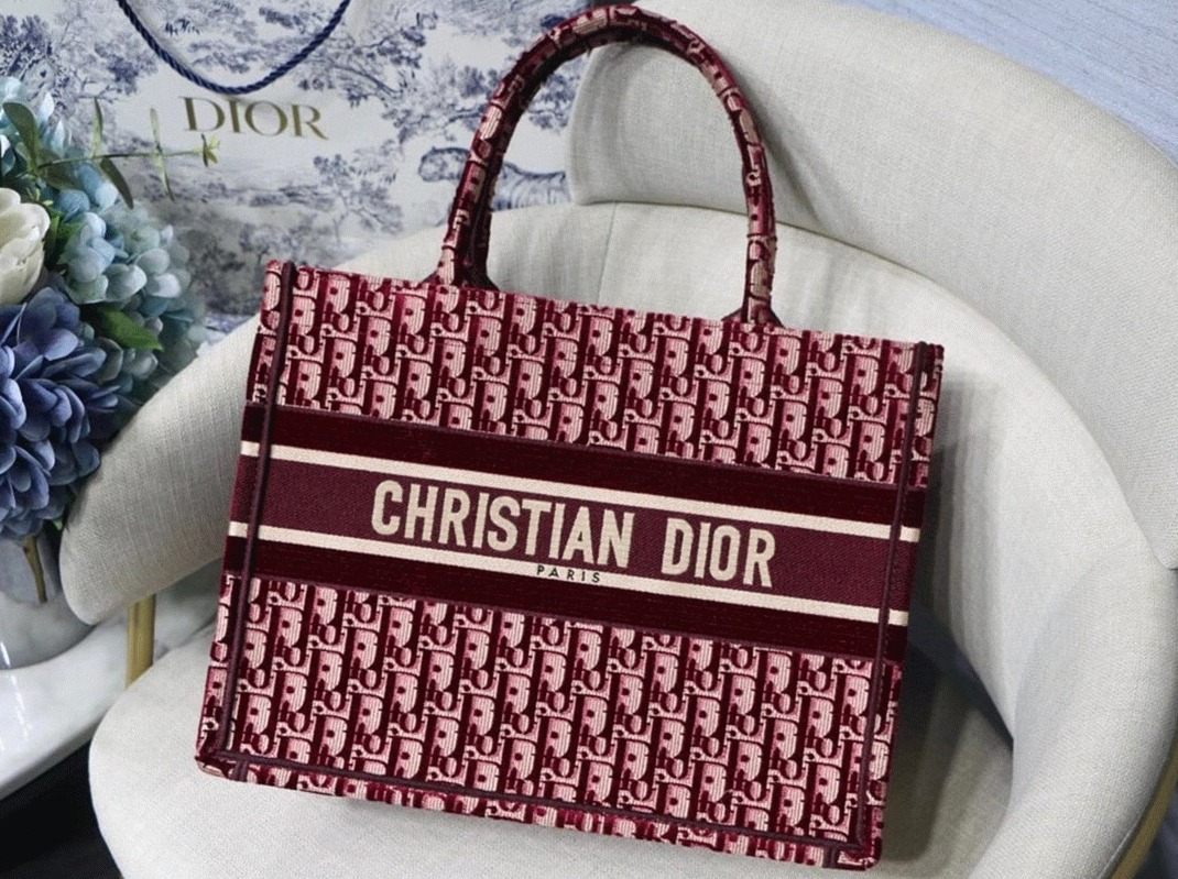 D10r Medium Book Tote Bag Replica in Bordeaux Velvet Oblique Embroidered