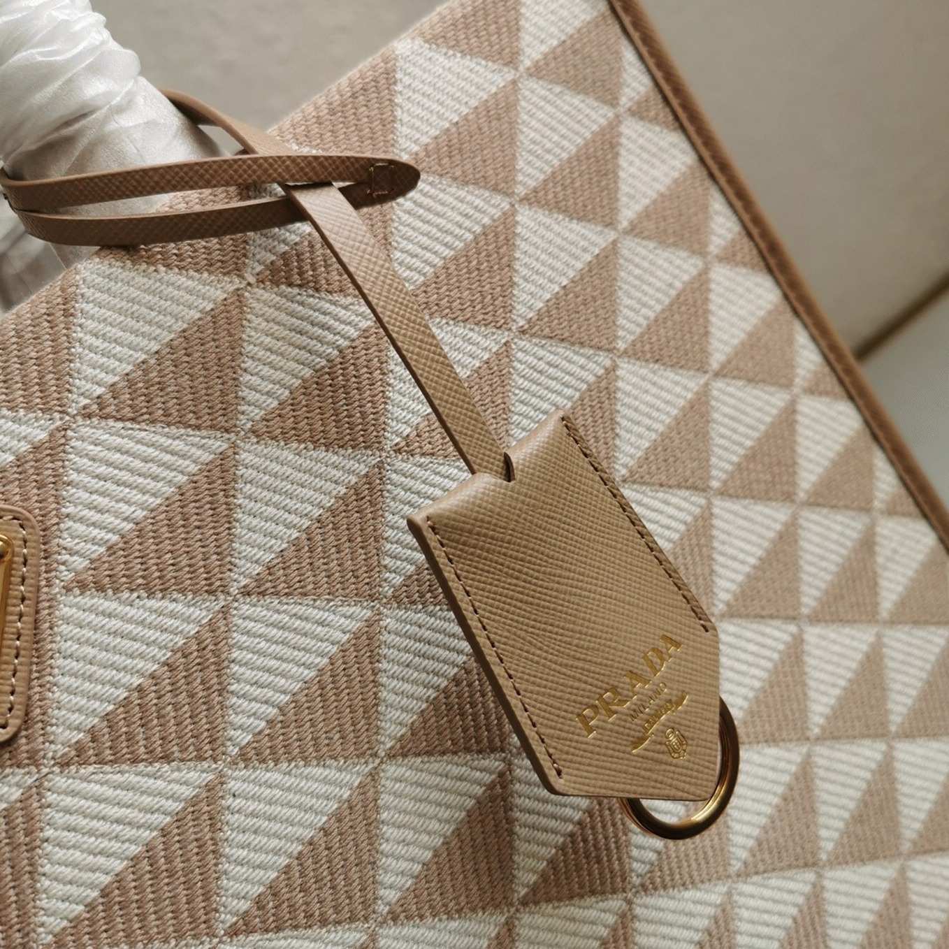 Pra*a Symbole Small Bag Fake in Beige/White Jacquard Fabric