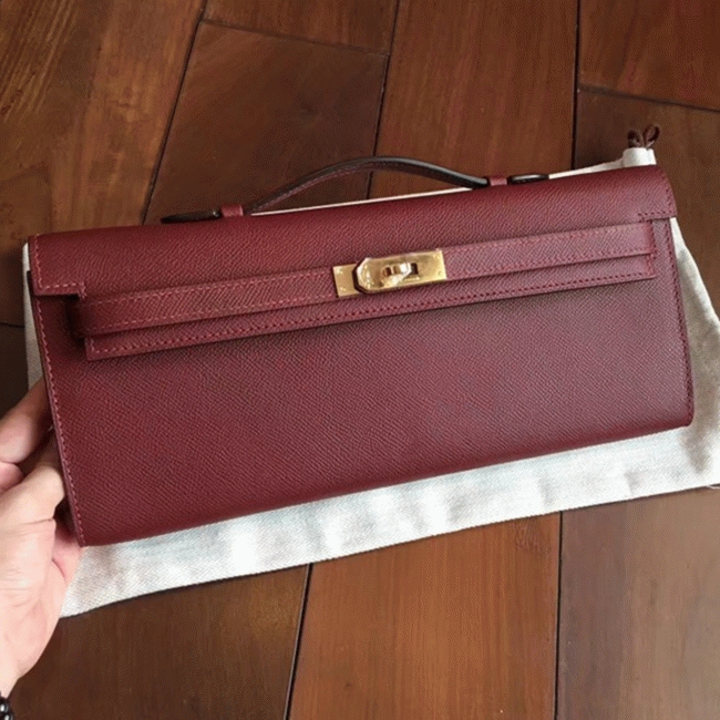 Bordeaux Epsom Fake H**me5 Kelly Cut Clutch Sleek Purse