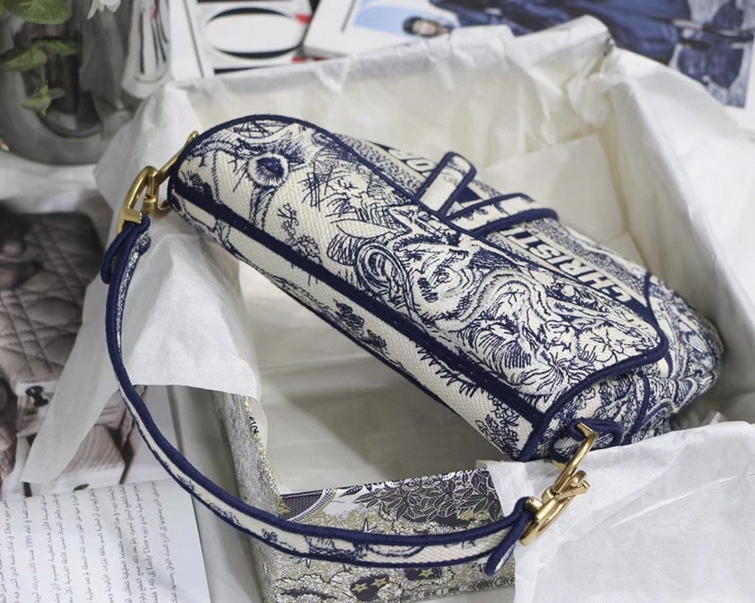 D10r Saddle Bag Replica in Blue Toile de Jouy Embroidery