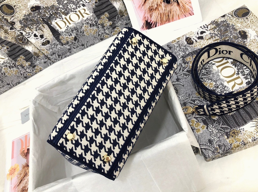 D10r Lady D-Lite Medium Bag Replica in Black   White Houndstooth Embroidery