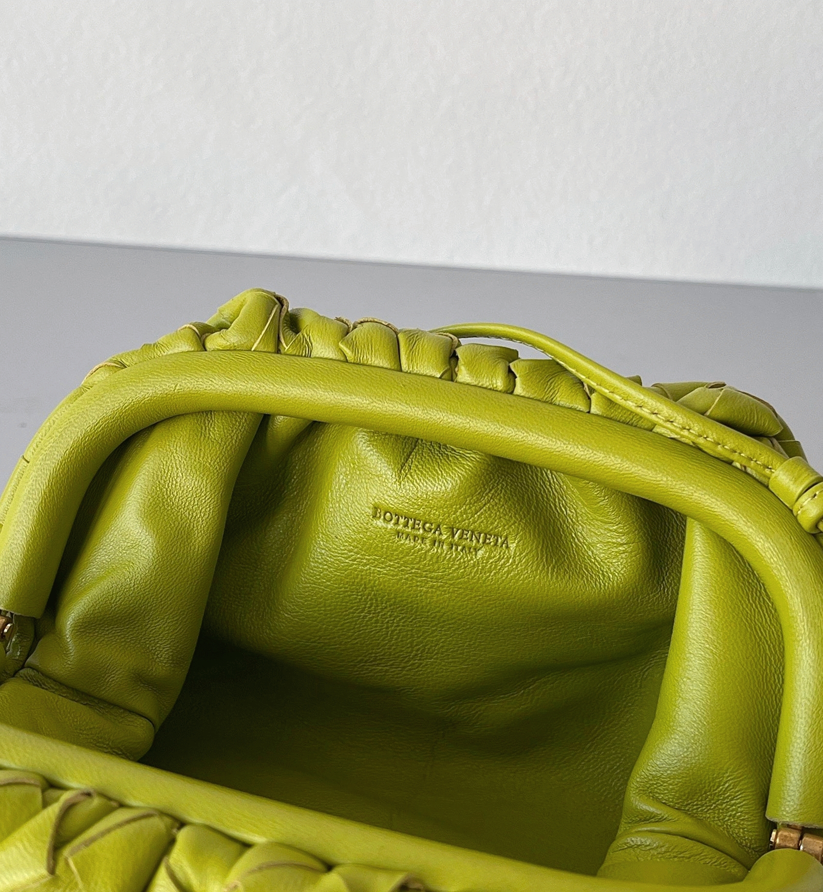 Fake B0tt*ga Ven*ta Mini Pouch with Strap Kiwi