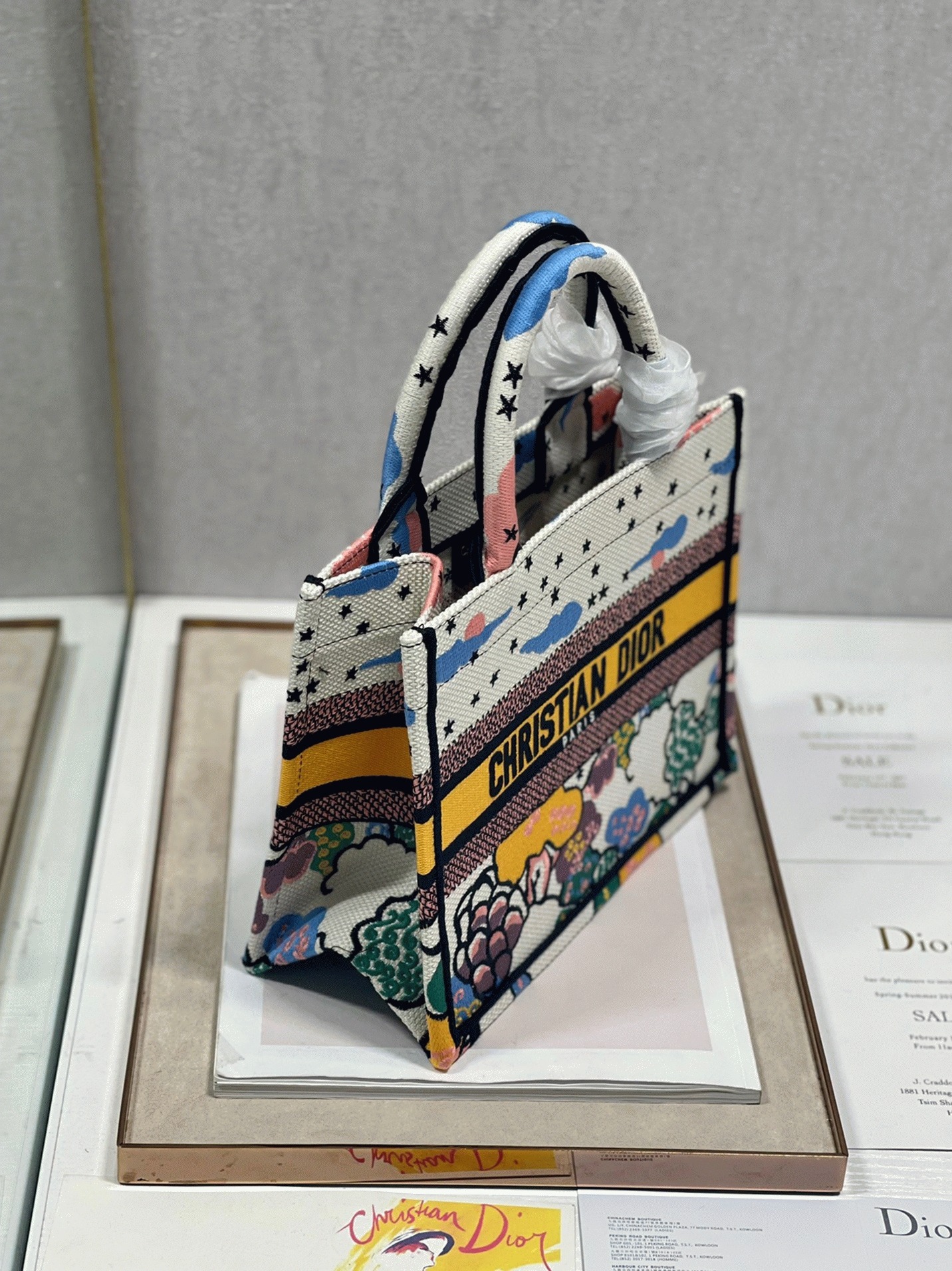 D10r Large Book Tote Bag Faux in White Pixel Zodiac Embroidery