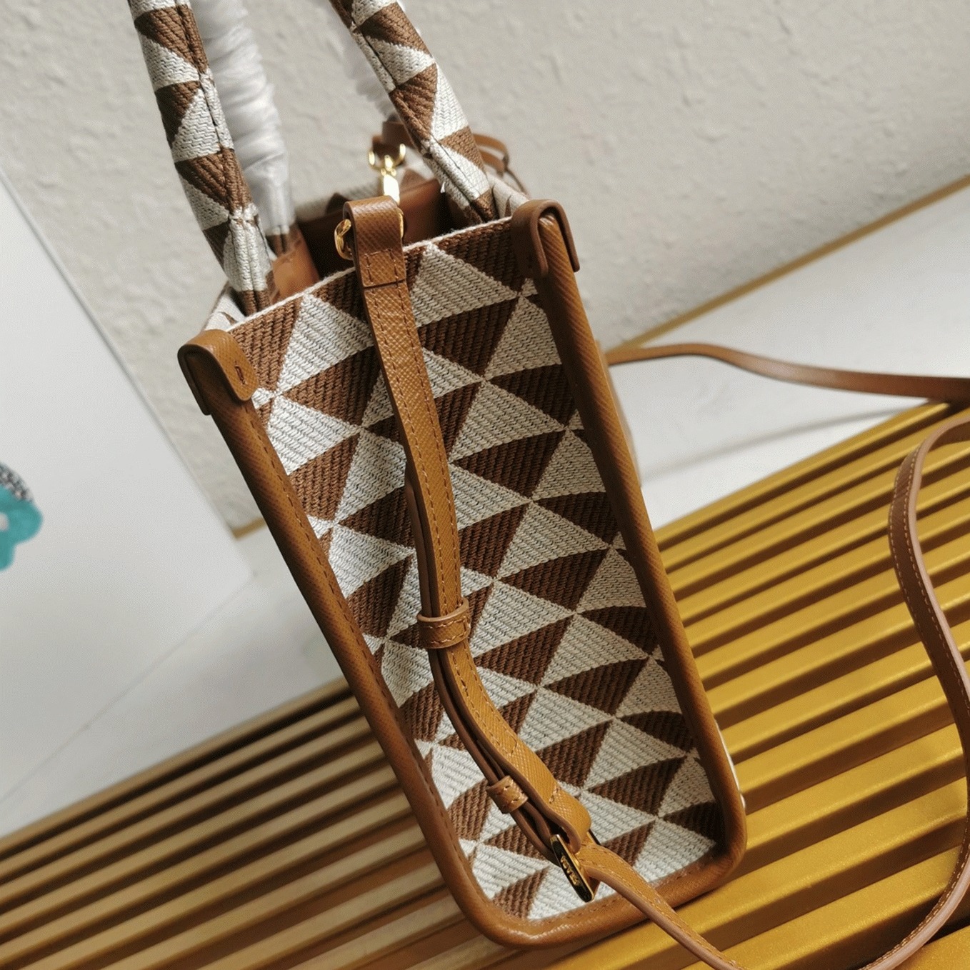 Pra*a Symbole Micro Bag Replica in White/Brown Jacquard Fabric