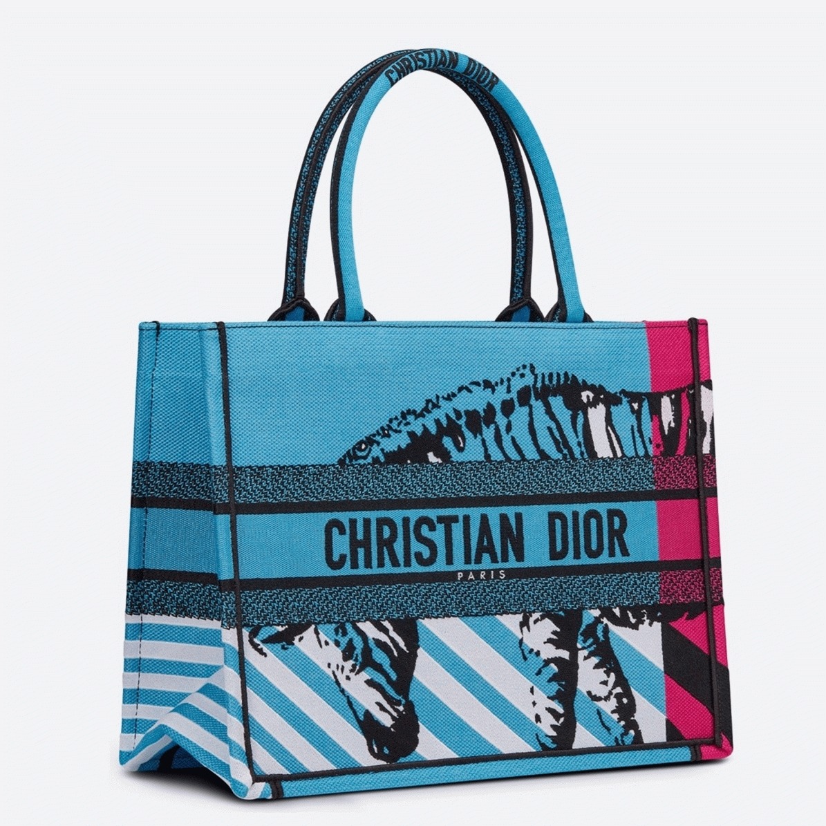 D10r Medium Book Tote Bag Fake in Blue D-Jungle Pop Embroidery