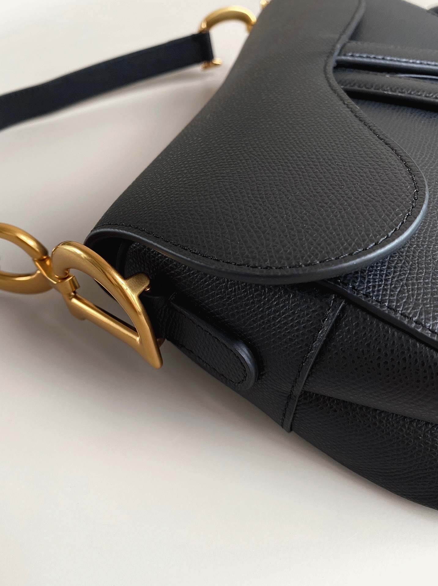 D10r Saddle Bag with Strap Fake in Black Grained Calfskin