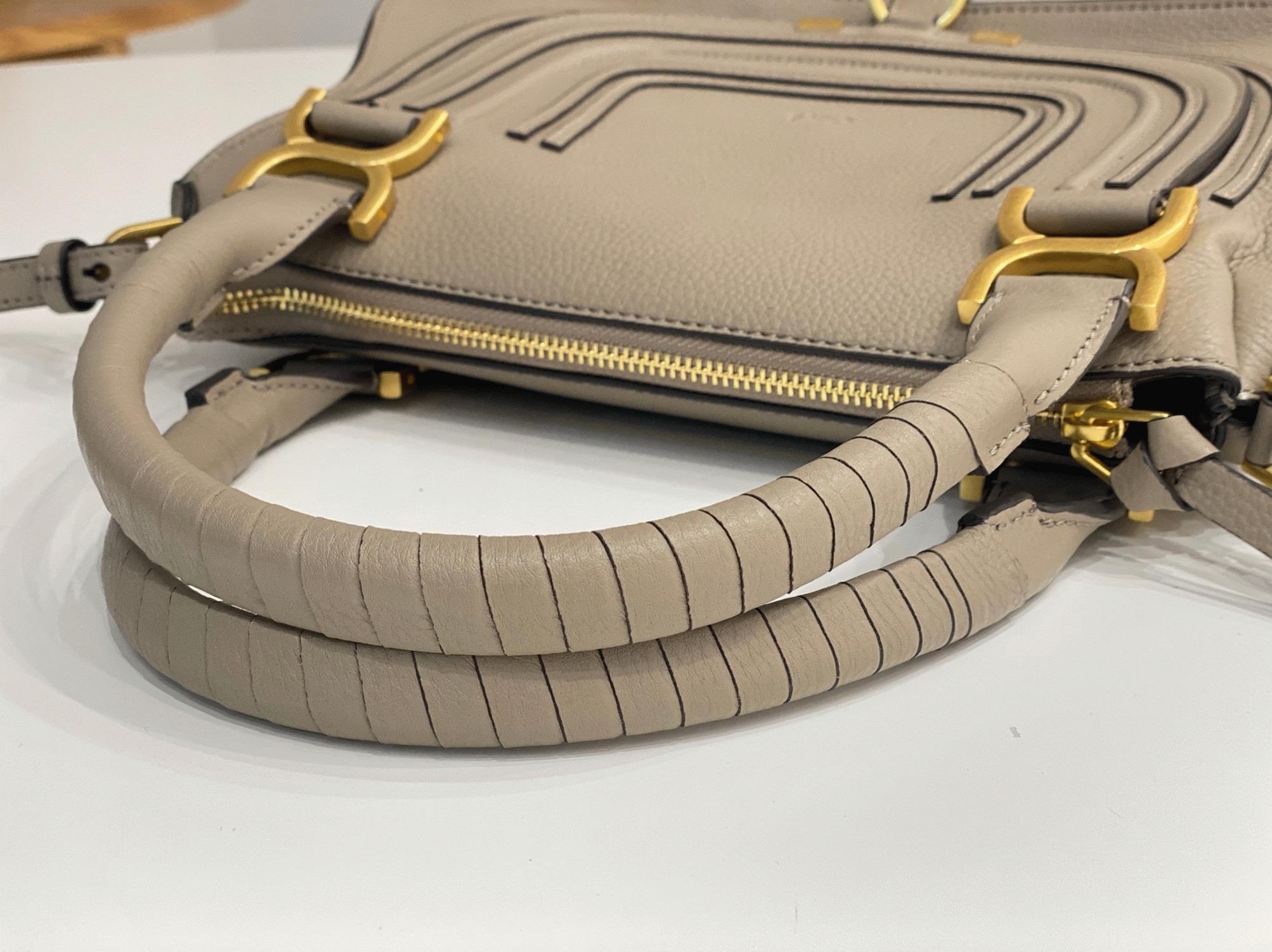 top quality faux Ch10e marcie small double carry bag in sand grained leather