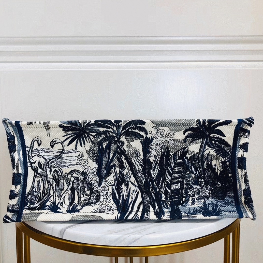 D10r Large Book Tote Bag Replica in Blue Palm Tree Toile de Jouy Embroidery