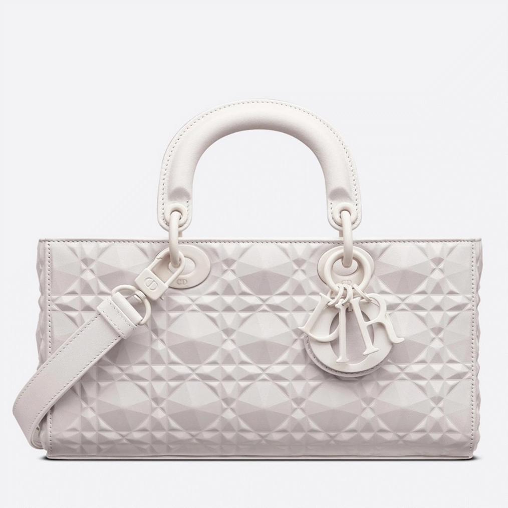 D10r Lady D-Joy Medium Bag Knockoff in White Calfskin with D1am0nd Motif