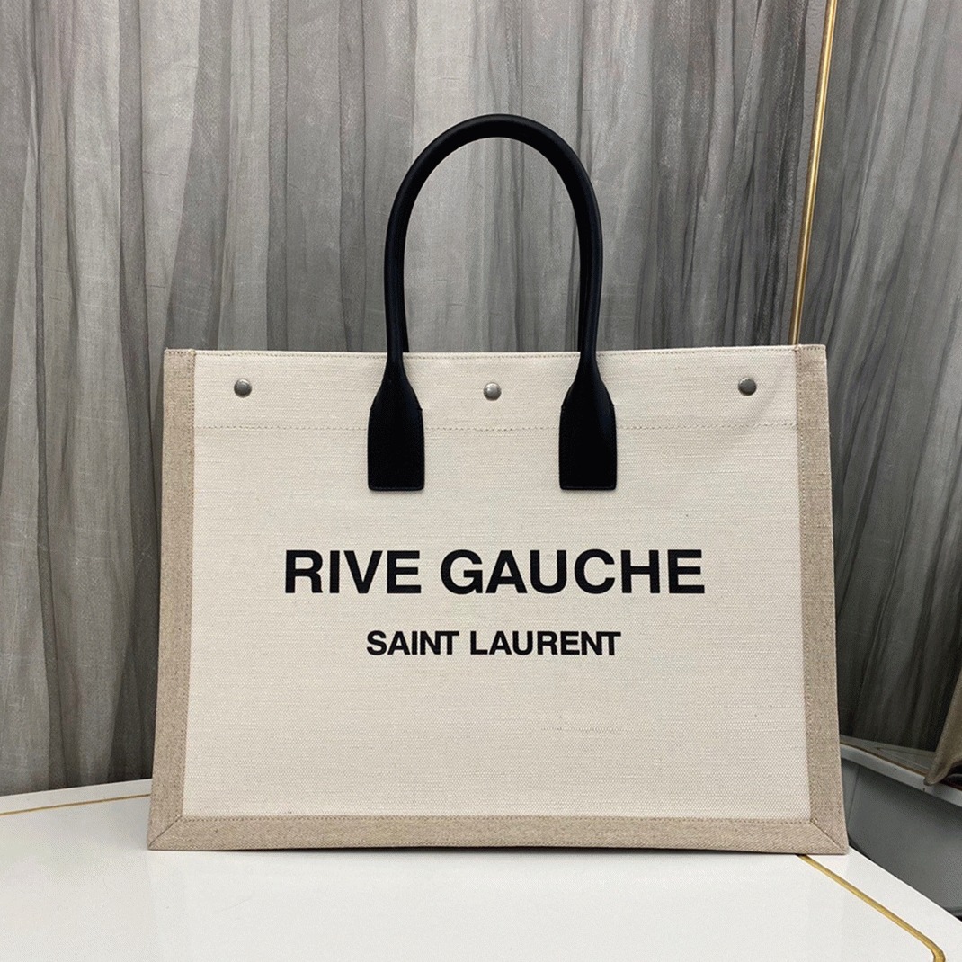Knockoff Sa1nt Lau*nt Rive Gauche Tote Bag White Linen and Black Leather