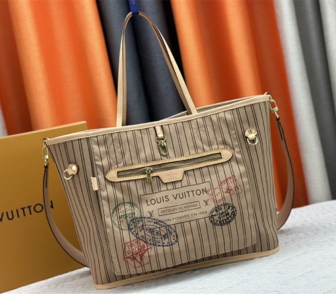 L0vis Vvtt0n Neverfull Bandouliere Inside Out MM Tote In Monogram Canvas And Stamped Beige Textile