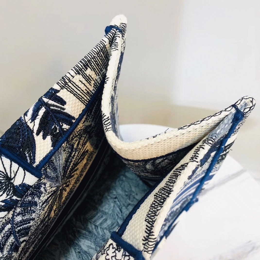 D10r Large Book Tote Bag Replica in Blue Palm Tree Toile de Jouy Embroidery