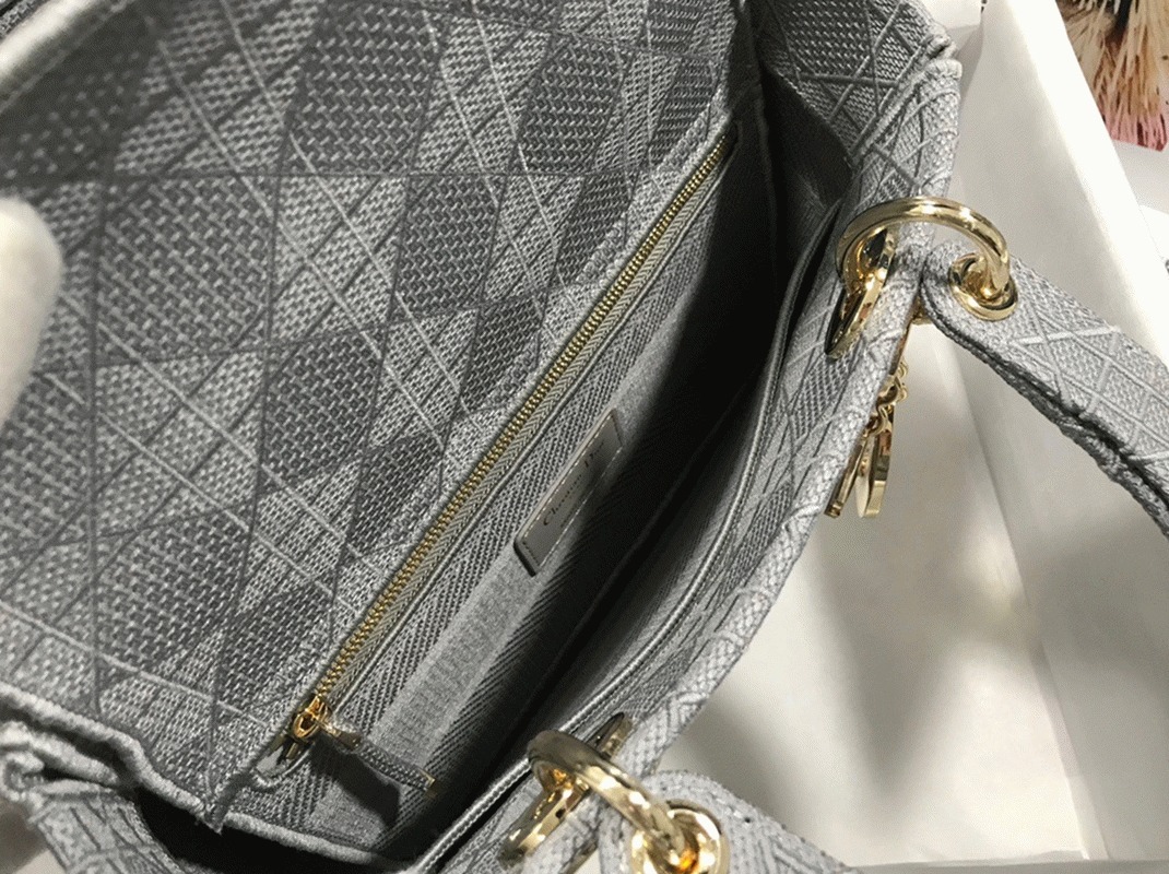 D10r Lady D-Lite Medium Bag Faux in Grey Cannage Embroidered Canvas