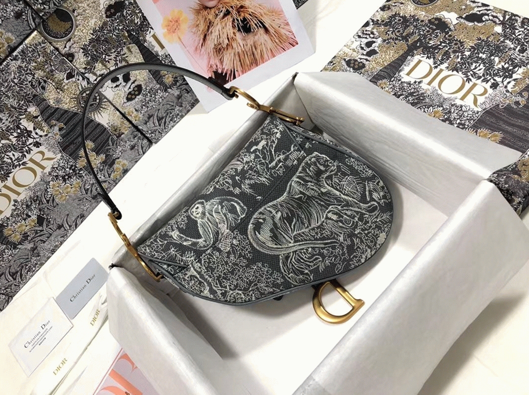 D10r Saddle Bag Faux in Grey Toile de Jouy Reverse Jacquard