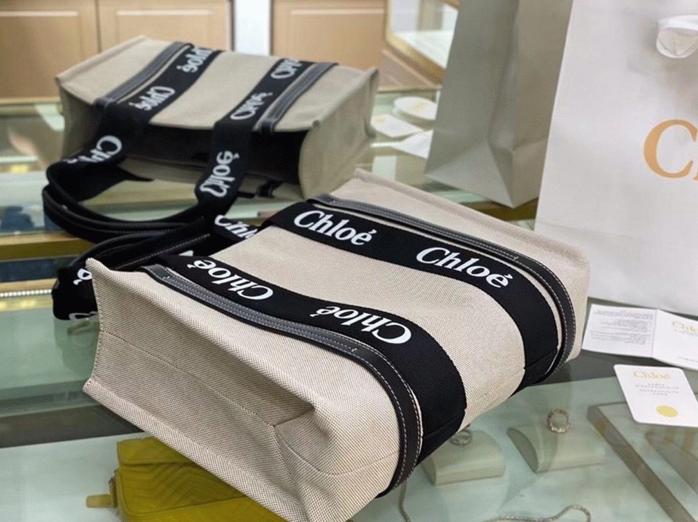 top quality fake Ch10e large woody tote bag in canvas with black leather strips