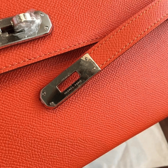 Orange Epsom Knockoff H**me5 Kelly Cut Clutch Bold Handbag