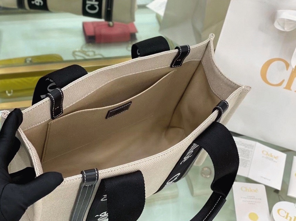 top quality fake Ch10e large woody tote bag in canvas with black leather strips