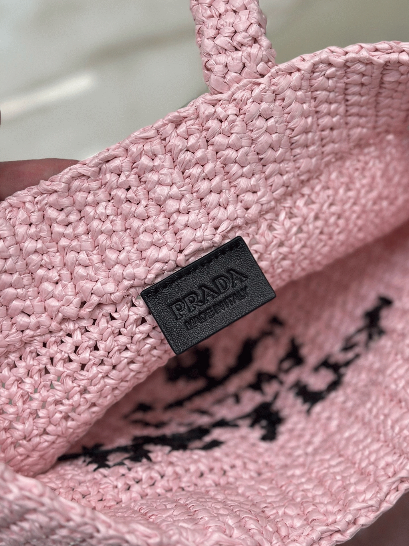 Pra*a Small Crochet Tote Bag Replica in Pink Raffia-effect Yarn