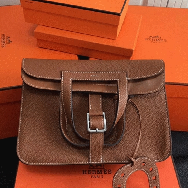 Brown Knockoff H**me5 Halzan Classic Leather Handbag