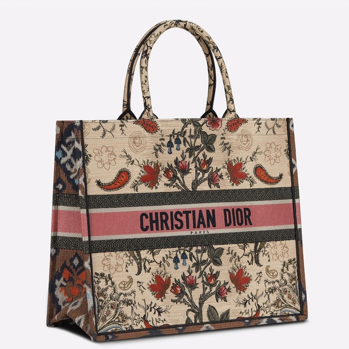 D10r Large Book Tote Bag Fake in Multicolor D10r Flowers Embroidery