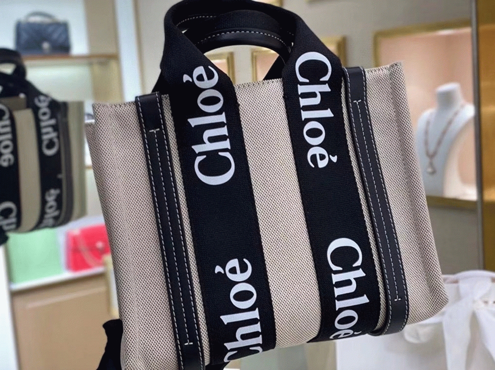 top quality replica Ch10e small woody tote bag in canvas with black leather strips
