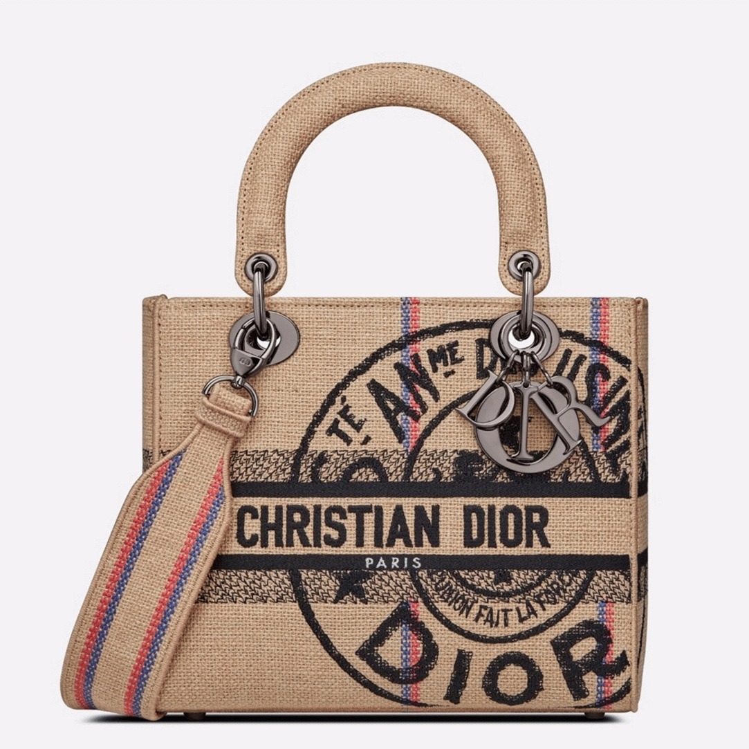 D10r Lady D-Lite Medium Bag Fake in Beige Jute Canvas with D10r Union Motif