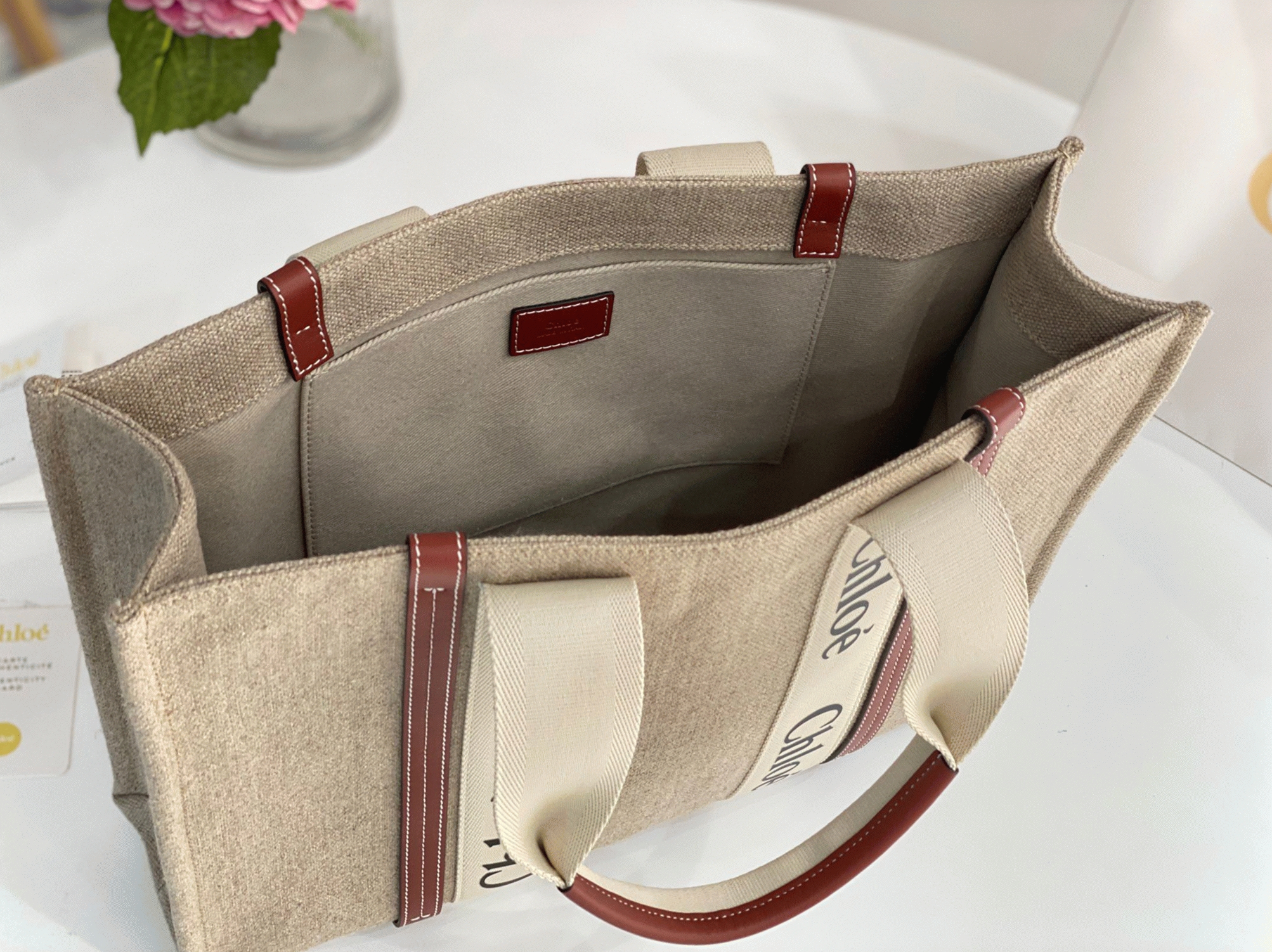 top quality fake Ch10e medium woody tote bag in canvas with tan leather strips
