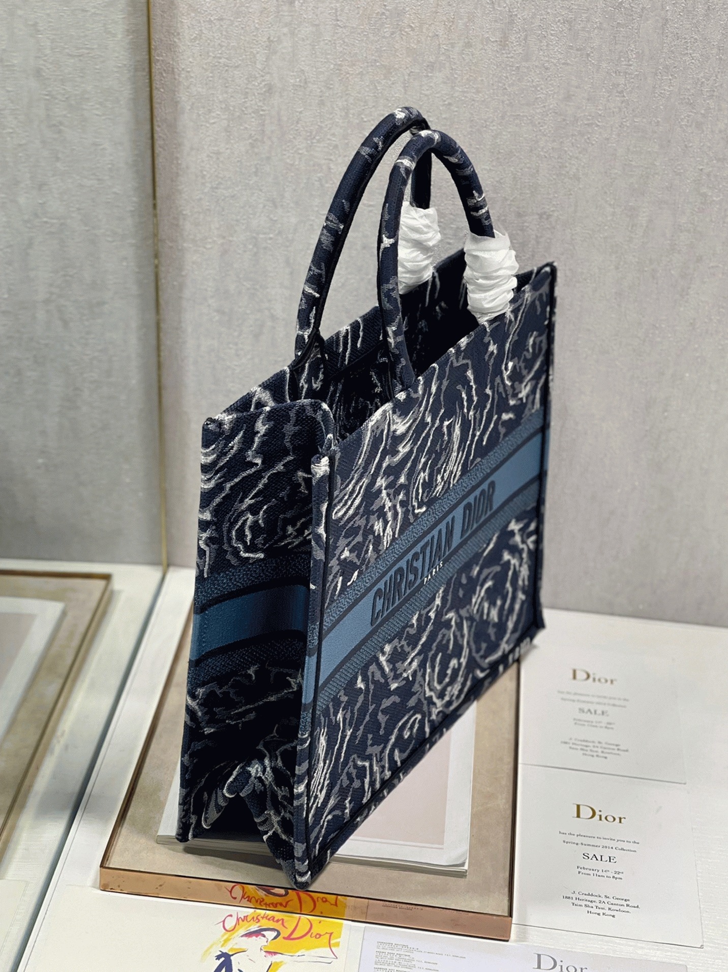 D10r Large Book Tote Bag Replica in Blue D10r Roses Embroidery